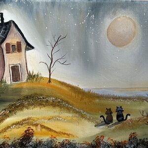 Tranquil Moonlit Landscape with Cats Painting